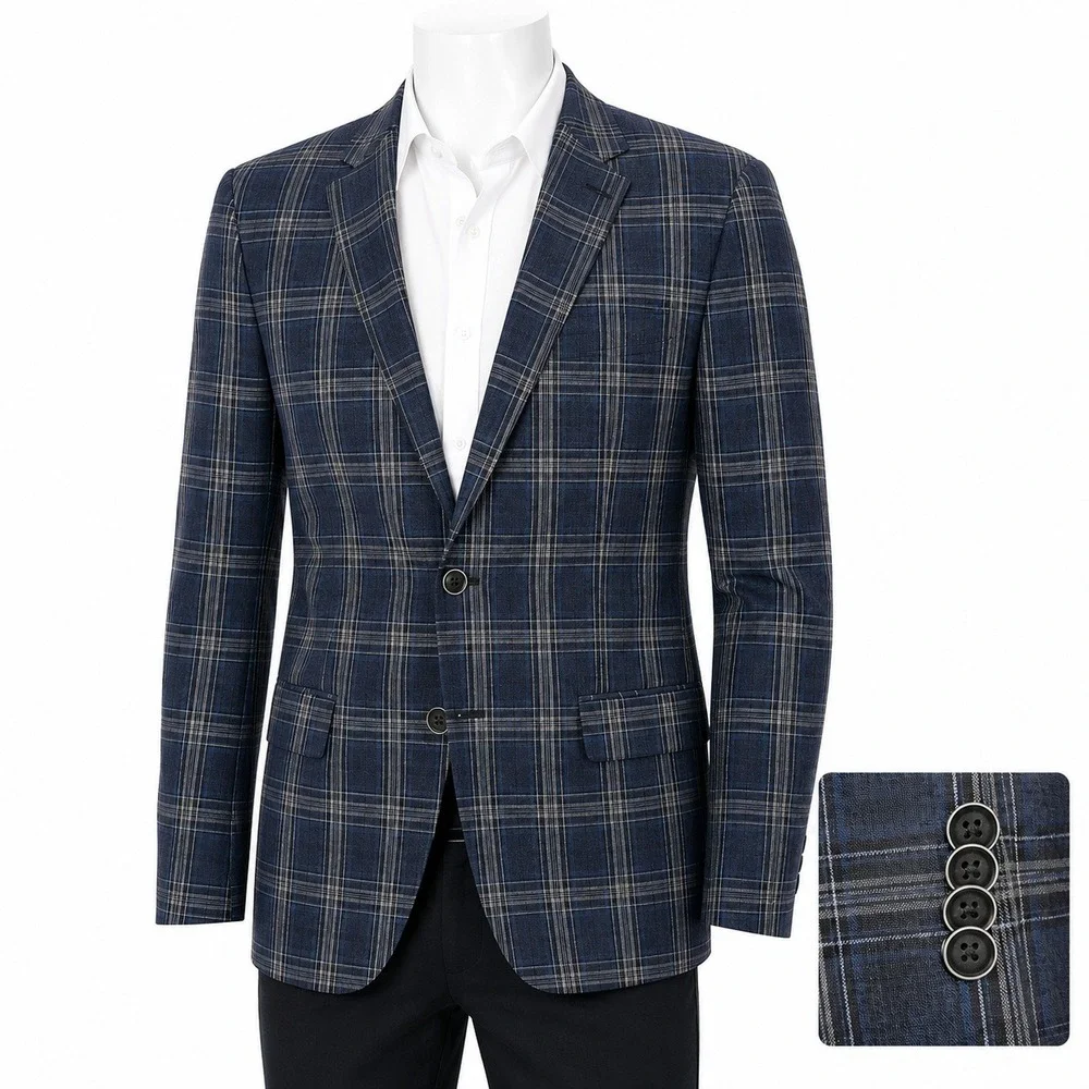 Tommy Hilfiger Sport Coat Mens 43R Blue Plaid Linen Two Button Blazer Jacket